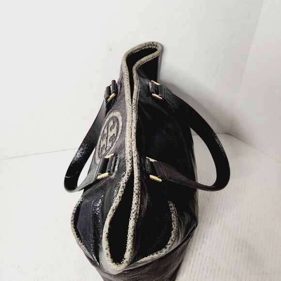 Tory Burch Black Patent Leather Snakeskin Trim Gold Hardware Shoulder Bag Tote - Picture 4 of 16